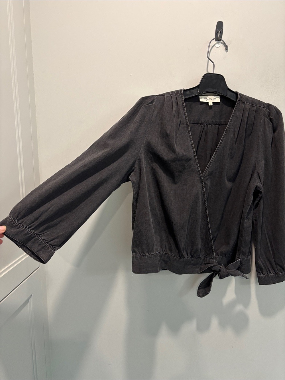 Madewell Black Denim Wrap Tie Front Blouse Puff Sleeve Size L - Picture 6 of 15